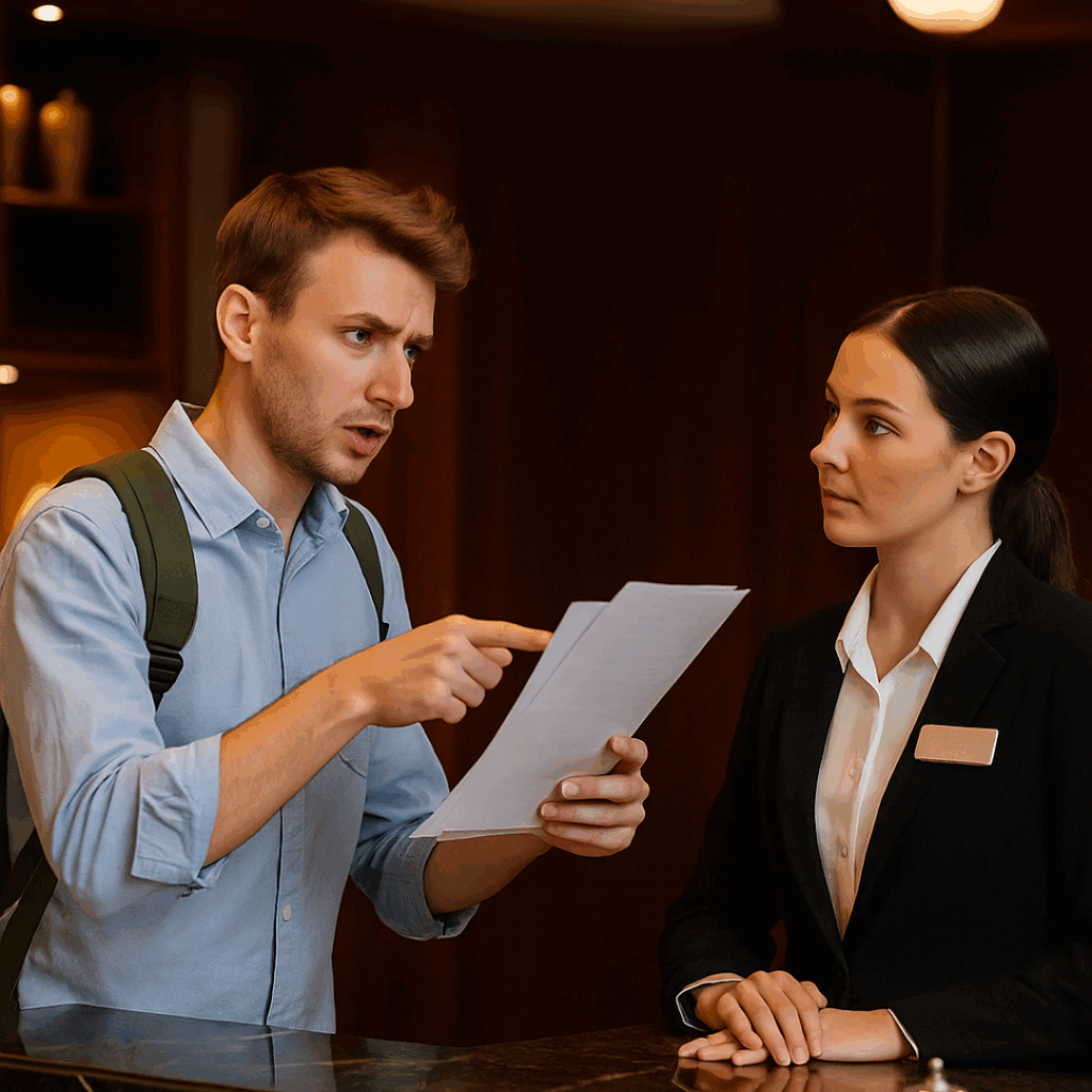 Turista questionando recepcionista em hotel sobre serviço não cumprido, com expressão séria e documentos na mão