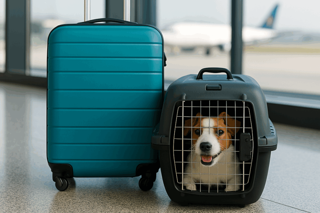 Cachorro dentro de caixa de transporte ao lado de mala no aeroporto, com avião ao fundo