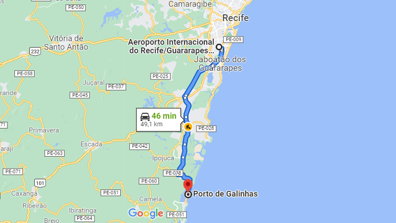 mapa com trajeto do aeroporto de Recife até porto de galinhas